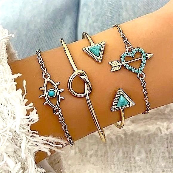 Women's Fashion Jewelry Evil Eye Gold and Turquoise Love 4 Piece Bracelet Set - Picture 1 of 9